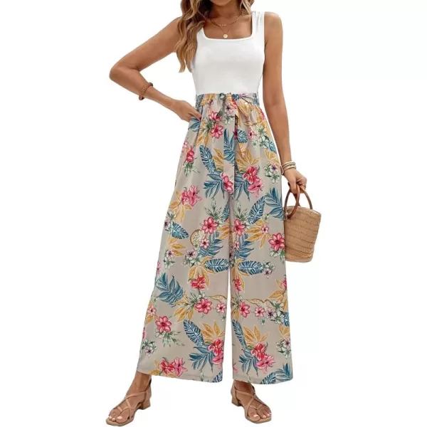 Floerns Women's Palm Leaf Print Shirred Back Button Cami Palazzo Jumpsuit