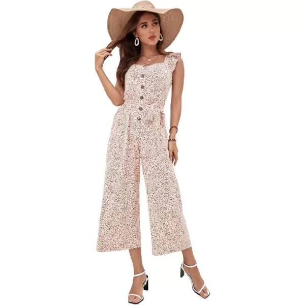 Floerns Women's Palm Leaf Print Shirred Back Button Cami Palazzo Jumpsuit