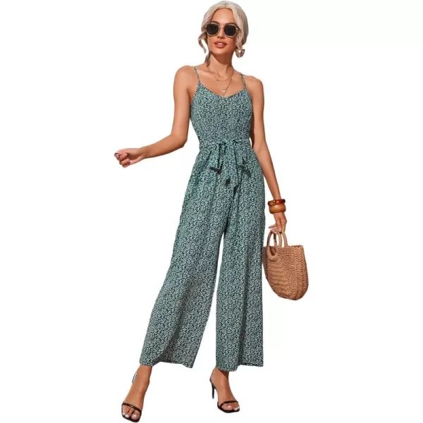Floerns Women's Palm Leaf Print Shirred Back Button Cami Palazzo Jumpsuit