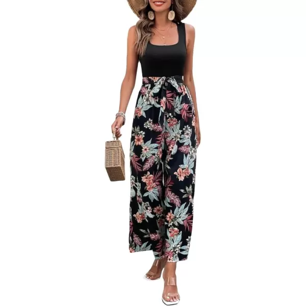 Floerns Women's Palm Leaf Print Shirred Back Button Cami Palazzo Jumpsuit