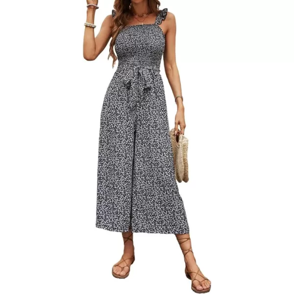 Floerns Women's Palm Leaf Print Shirred Back Button Cami Palazzo Jumpsuit