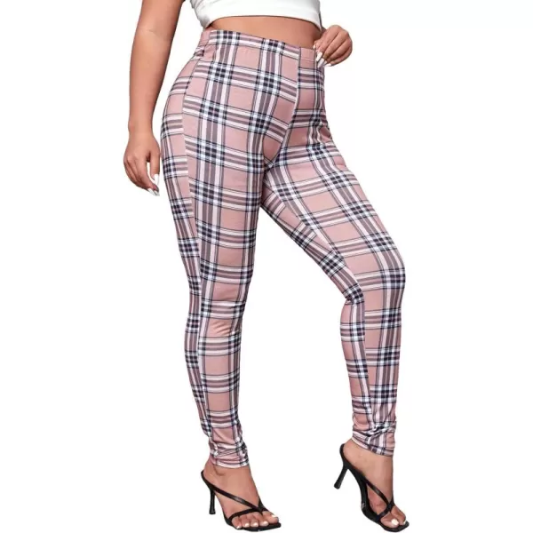 Floerns Women's Plus Size Plaid Pants Leggings Stretchy Elastic Waist Work Skinny Pants