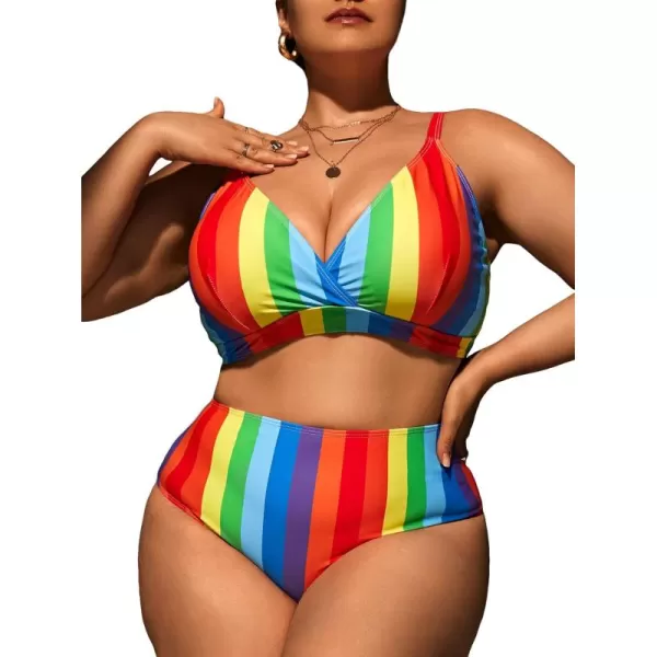 Floerns Women's Plus Size Rainbow Colorblock Striped V Neck High Waisted Swimsuit Bikini Sets