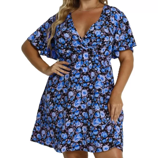 Floerns Women's Plus Size Short Sleeve Wrap V Neck A Line Floral Dress