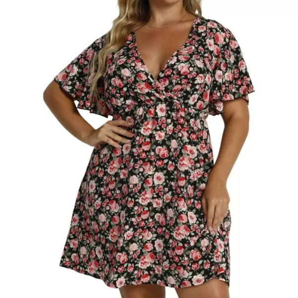 Floerns Women's Plus Size Short Sleeve Wrap V Neck A Line Floral Dress