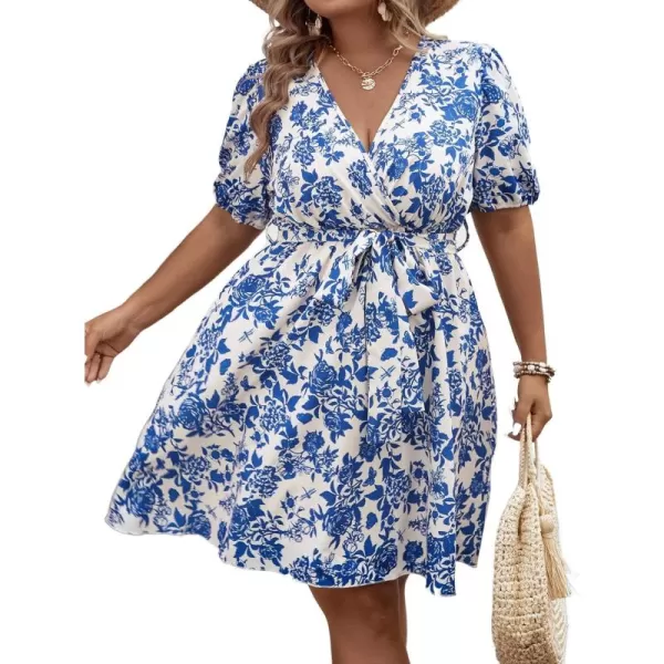 Floerns Women's Plus Size Short Sleeve Wrap V Neck A Line Floral Dress