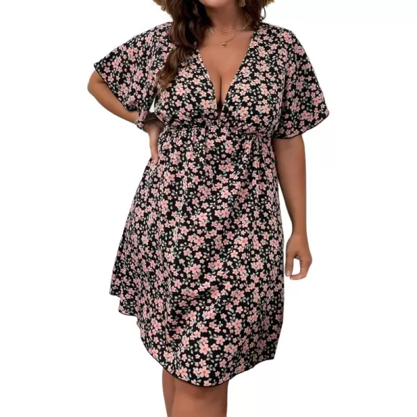 Floerns Women's Plus Size Short Sleeve Wrap V Neck A Line Floral Dress