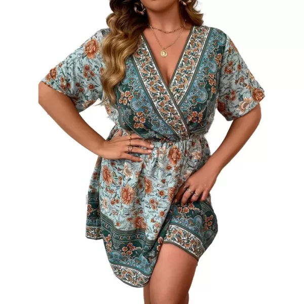 Floerns Women's Plus Size Short Sleeve Wrap V Neck A Line Floral Dress