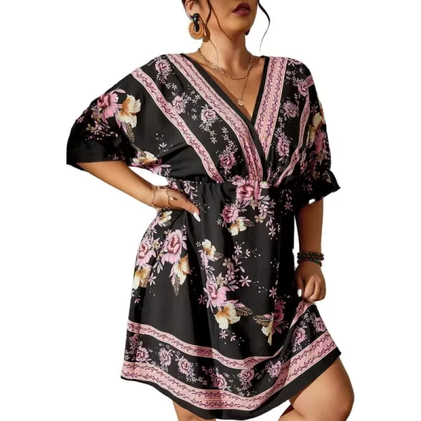 Floerns Women's Plus Size Short Sleeve Wrap V Neck A Line Floral Dress