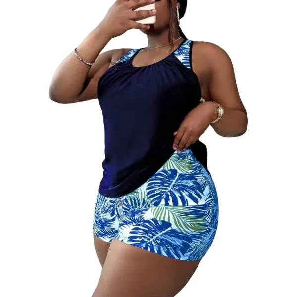 Floerns Women's Plus Size Tropical Print Ruched 2 Piece Tankini Swimsuit