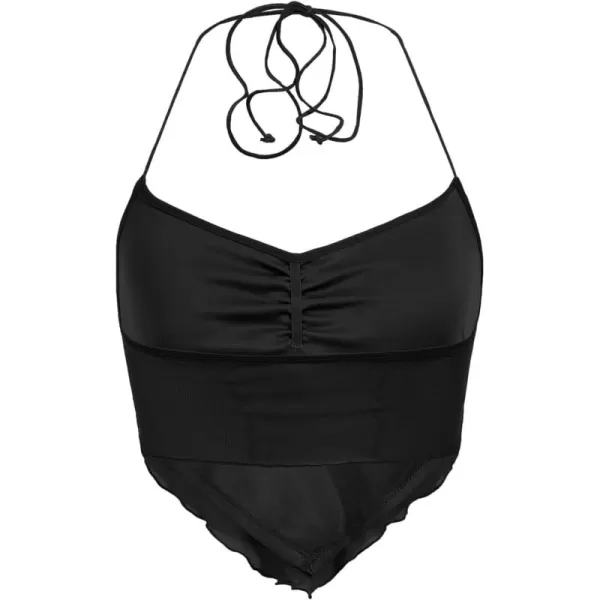 Floerns Women's Ruched Sleeveless Halter Neck Tie Back Hanky Hem Crop Cami Top