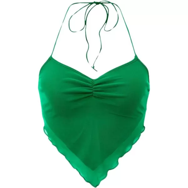 Floerns Women's Ruched Sleeveless Halter Neck Tie Back Hanky Hem Crop Cami Top