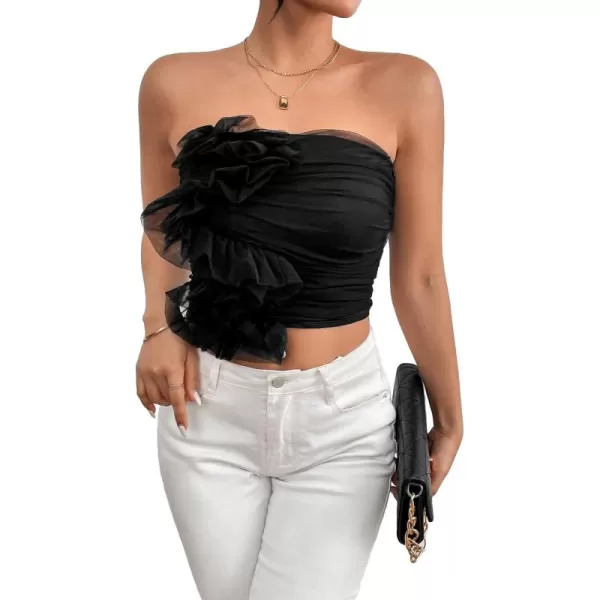 Floerns Women's Strapless Bandeau Asymmetrical Ruffle Trim Party Tube Top
