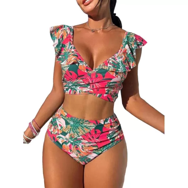 Floerns Women's Two Piece Bikini Set Tropical Print Ruffle Trim Bathing Suit