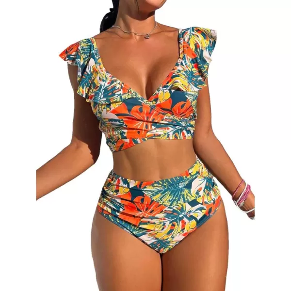 Floerns Women's Two Piece Bikini Set Tropical Print Ruffle Trim Bathing Suit