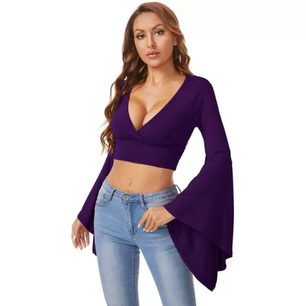 Floerns Women's V Neck Long Bell Sleeve Wrap Blouse Top Tee Shirts