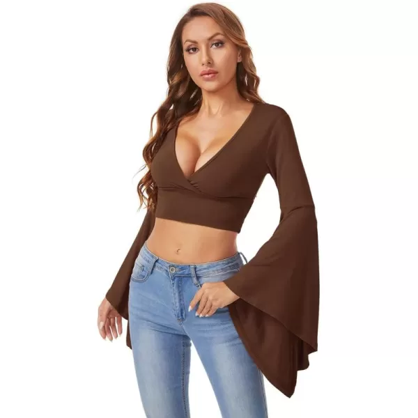 Floerns Women's V Neck Long Bell Sleeve Wrap Blouse Top Tee Shirts