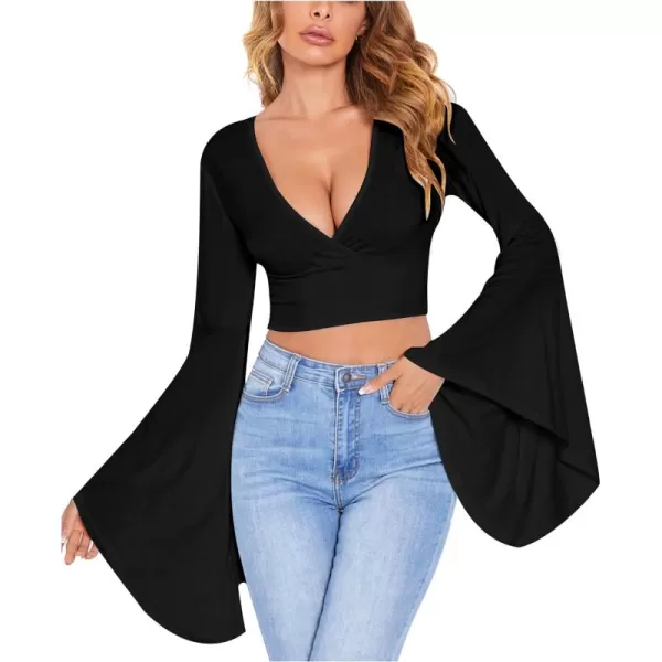 Floerns Women's V Neck Long Bell Sleeve Wrap Blouse Top Tee Shirts