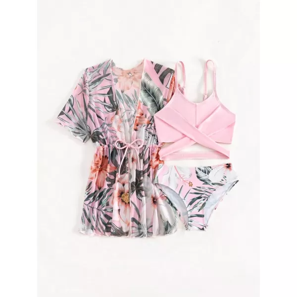 Floerns Girl's 3 Piece Bathing Suit Tropcial Kimono Cover Up with Bikini Swimsuit