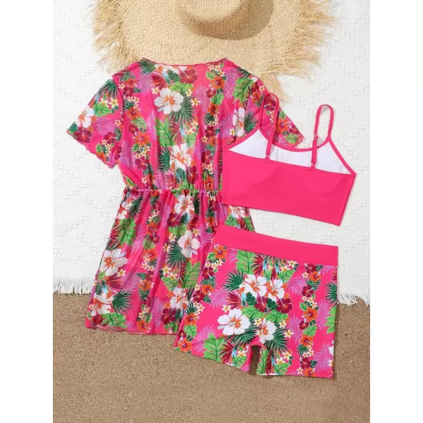 Floerns Girl's 3 Piece Bathing Suit Tropical Print Bikini Set with Kimono Cover Up