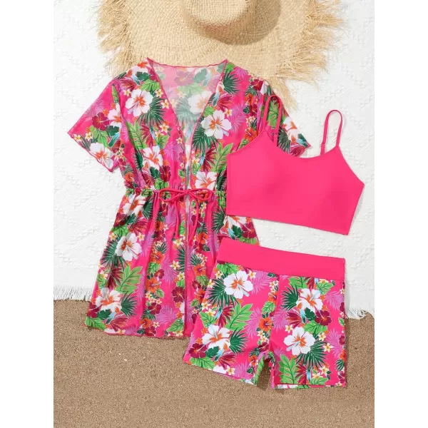Floerns Girl's 3 Piece Bathing Suit Tropical Print Bikini Set with Kimono Cover Up