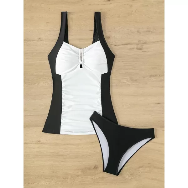 Floerns Women's 2 Piece Bathing Suit Colorblock Ruched Backless Top and Bottoms Tankini Swimsuit