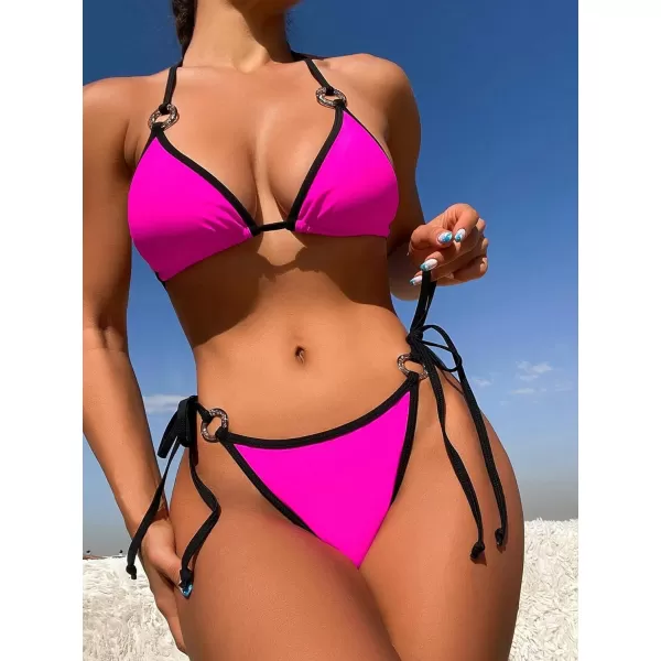 Floerns Women's 2 Piece Colorblock String Tie Back Triangle Bikini Swimsuit Set