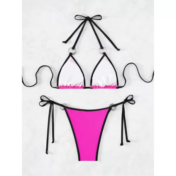 Floerns Women's 2 Piece Colorblock String Tie Back Triangle Bikini Swimsuit Set