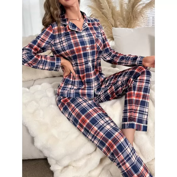 Floerns Women's 2 Piece Sleepwear Plaid Print Long Sleeve Shirt with Pants Pj Set