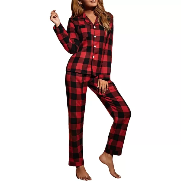 Floerns Women's 2 Piece Sleepwear Plaid Print Long Sleeve Shirt with Pants Pj Set
