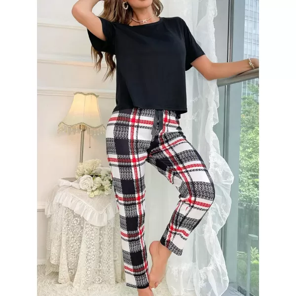 Floerns Women's 2 Piece Sleepwear Tee Shirt and Plaid Print Pants Pajama Set