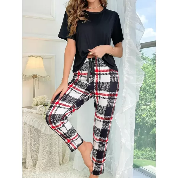 Floerns Women's 2 Piece Sleepwear Tee Shirt and Plaid Print Pants Pajama Set