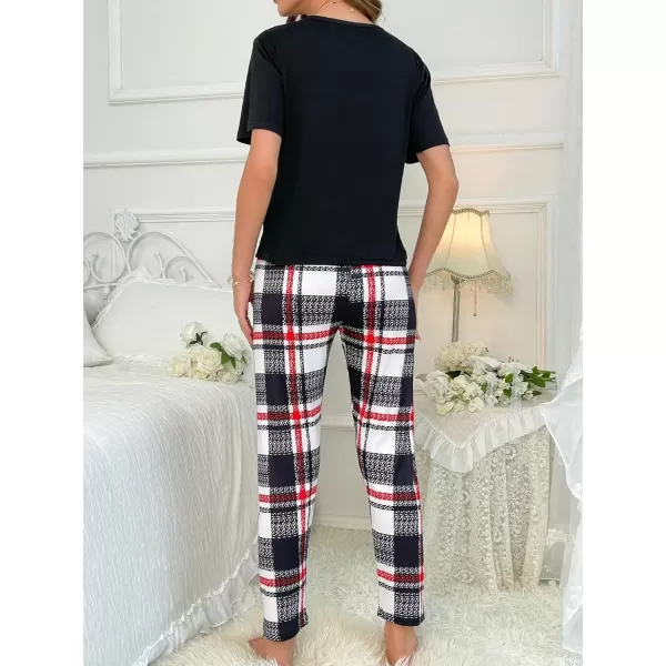 Floerns Women's 2 Piece Sleepwear Tee Shirt and Plaid Print Pants Pajama Set
