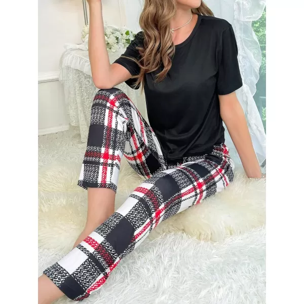 Floerns Women's 2 Piece Sleepwear Tee Shirt and Plaid Print Pants Pajama Set