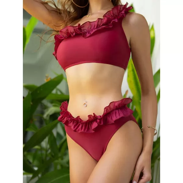 Floerns Women's 2 Piece Solid One Shoulder Frilled Trim Ruffle Bikini Swimsuit Set