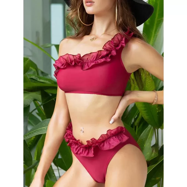 Floerns Women's 2 Piece Solid One Shoulder Frilled Trim Ruffle Bikini Swimsuit Set