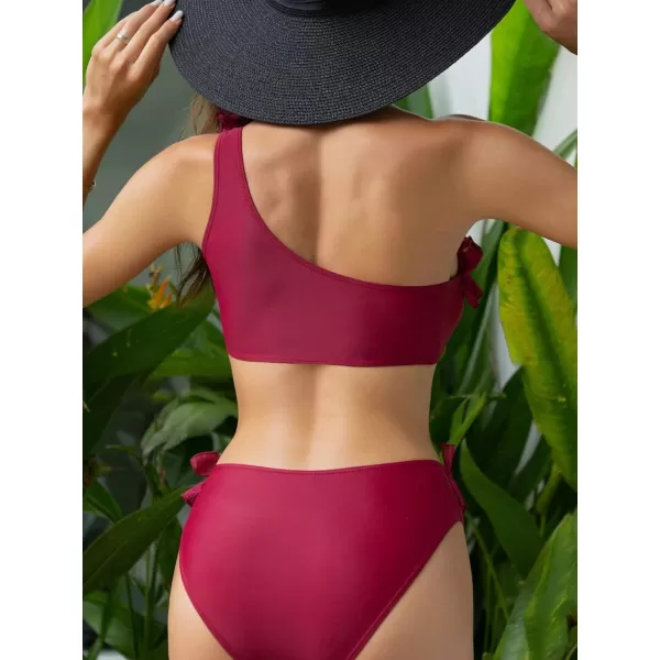Floerns Women's 2 Piece Solid One Shoulder Frilled Trim Ruffle Bikini Swimsuit Set