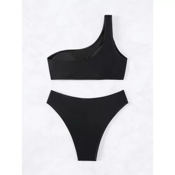Floerns Women's 2 Piece Solid One Shoulder Mesh Bra and Bottoms Bikini Swimsuit Set