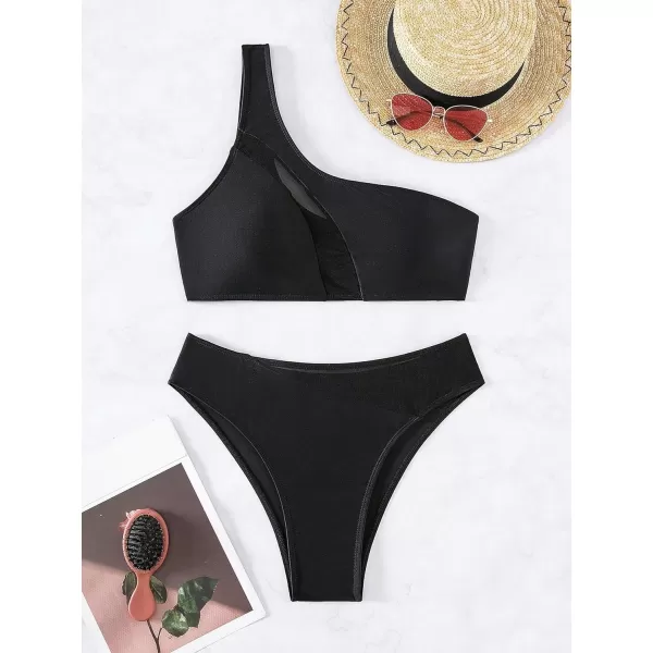 Floerns Women's 2 Piece Solid One Shoulder Mesh Bra and Bottoms Bikini Swimsuit Set