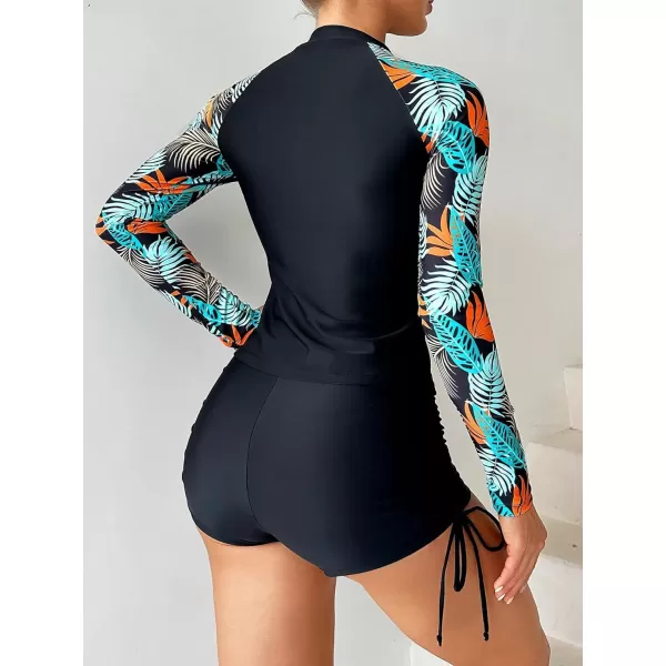 Floerns Women's 2 Piece Tropical Print Rash Guard Drawstring Ruched Shorts Bikini Set