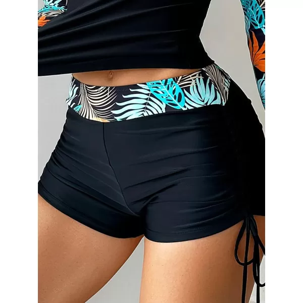 Floerns Women's 2 Piece Tropical Print Rash Guard Drawstring Ruched Shorts Bikini Set