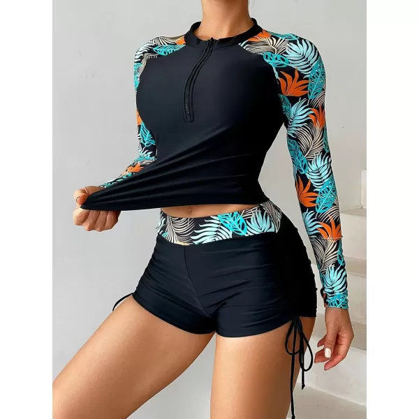 Floerns Women's 2 Piece Tropical Print Rash Guard Drawstring Ruched Shorts Bikini Set