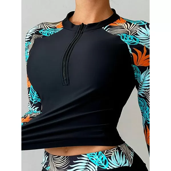 Floerns Women's 2 Piece Tropical Print Rash Guard Drawstring Ruched Shorts Bikini Set