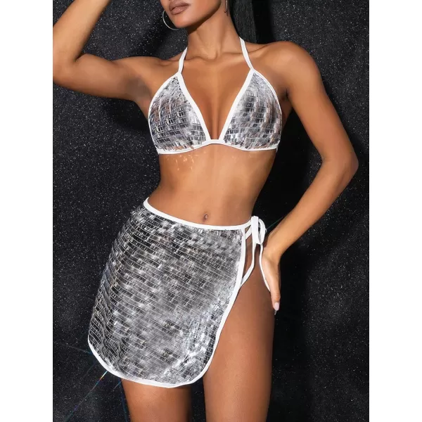 Floerns Women's 3 Piece Sparkly Sequin Halter Triangle Bikini Swimsuit Set with Skirt