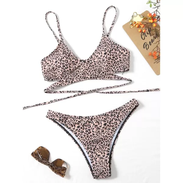 Floerns Women's Allover Print Criss Cross Tie Front Two Piece Bikini Swimsuit