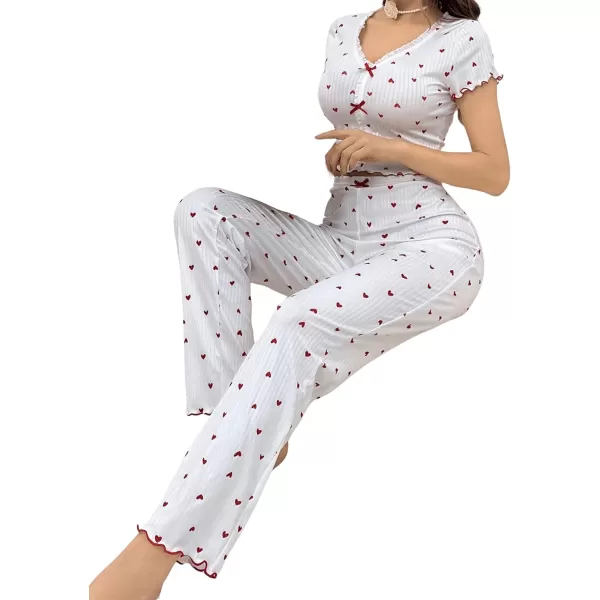 Floerns Women's Heart Print Short Sleeve Lettuce Trim Bow Tie T Shirt and Pants 2 Piece Pajama Set