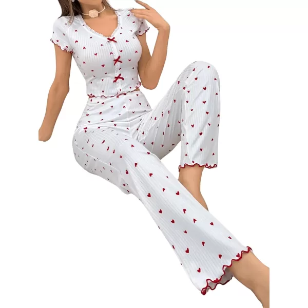 Floerns Women's Heart Print Short Sleeve Lettuce Trim Bow Tie T Shirt and Pants 2 Piece Pajama Set