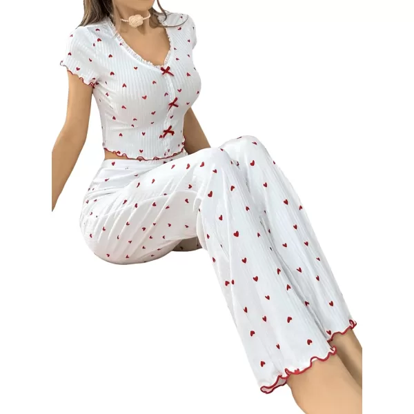 Floerns Women's Heart Print Short Sleeve Lettuce Trim Bow Tie T Shirt and Pants 2 Piece Pajama Set
