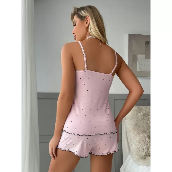 Floerns Women's Heart Print Sleepwear Lace Cami Top and Lettuce Trim Bow Knot Shorts Pajama Set