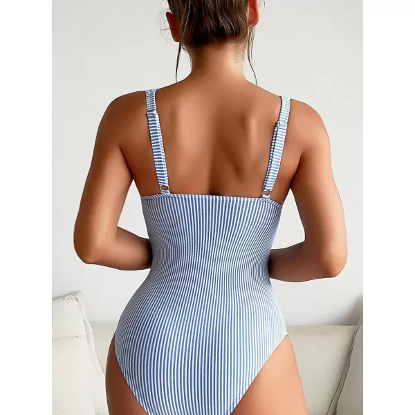 Floerns Women's One Piece Striped Print Lined V Neck Sleeveless Bikini Swimsuit